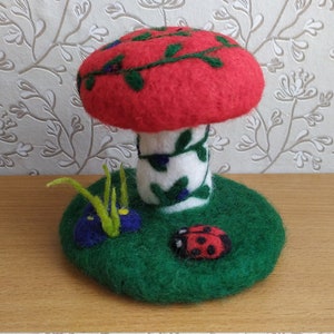 Felted Mushroom, Red Toadstool Figurine, Mushroom and ladybug,Forest Red Mushroom Toadstool,Mushroom Figurine, Mushroom In Forest Clearing