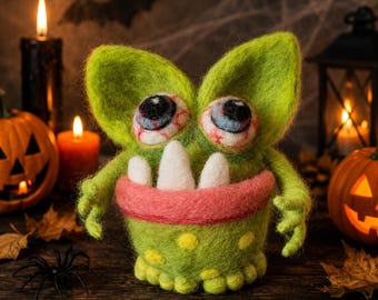 Monstruo verde de fieltro de aguja, decoración de Halloween, figura en miniatura, monstruo espeluznante de 10 cm