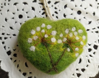 Felted Wool Heart Ornament: Floral Design, Handmade Heart,Gift for Her