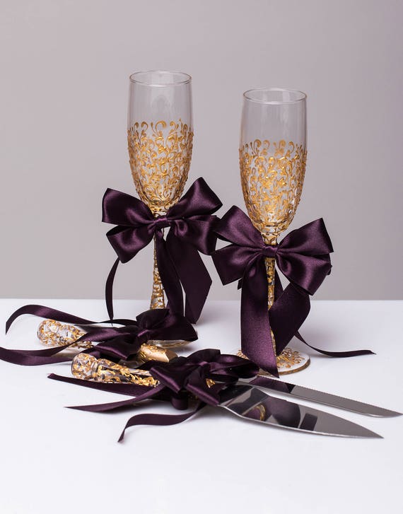 PLUM GOLD Wedding glasses and Cake Server Set cake knife PLUM GOLD Wedding glasses and Cake Server Set cake knife