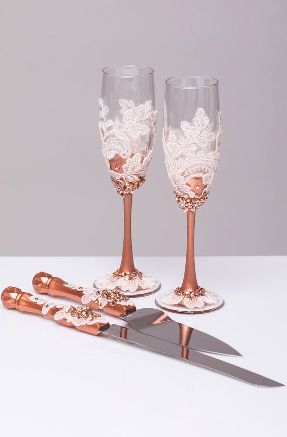  ROSE  GOLD  Wedding  glasses and Cake  Server  Set  cake  knife 