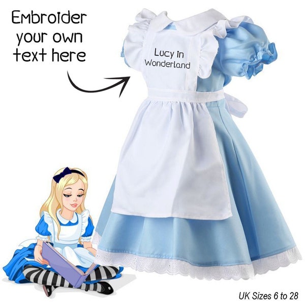 UK Größe 4 bis 30 -Custom Name Alice im Wunderland inspiriert Outfit- Fügen Sie Ihren eigenen Text hinzu- (Alice Halloween Kostüm, Alice in Übergröße, Sissy Kleid)