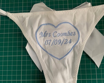 Personalised Bride Thong with Bow - Add Your Own Text - Bridal Lingerie - Bachelorette Party Gift - Bachelorette Party - Embroidered Pants