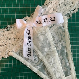 Bridal Underwear with Custom Embroidered Text Bow - Personalise Thong - Custom Thong- Wedding Lingerie - Bridal Lingerie - Wedding Underwear