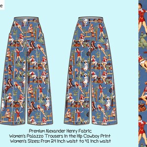 Premium Cowboy Pin Up Girl Print Palazzo Trousers in Alexander Henry Fabric  (Burlesque, Pin Up Girl Set, Vintage Pants, 1940&#39;s Beach Pj&#39;s)