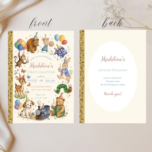 May include: A two-sided invitation with a whimsical design. The front features illustrations of animals, balloons, and the text "Madeline's FIRST CHAPTER". The back has text that reads "Madeline's GIFTING REGISTRY" and "thank you!".