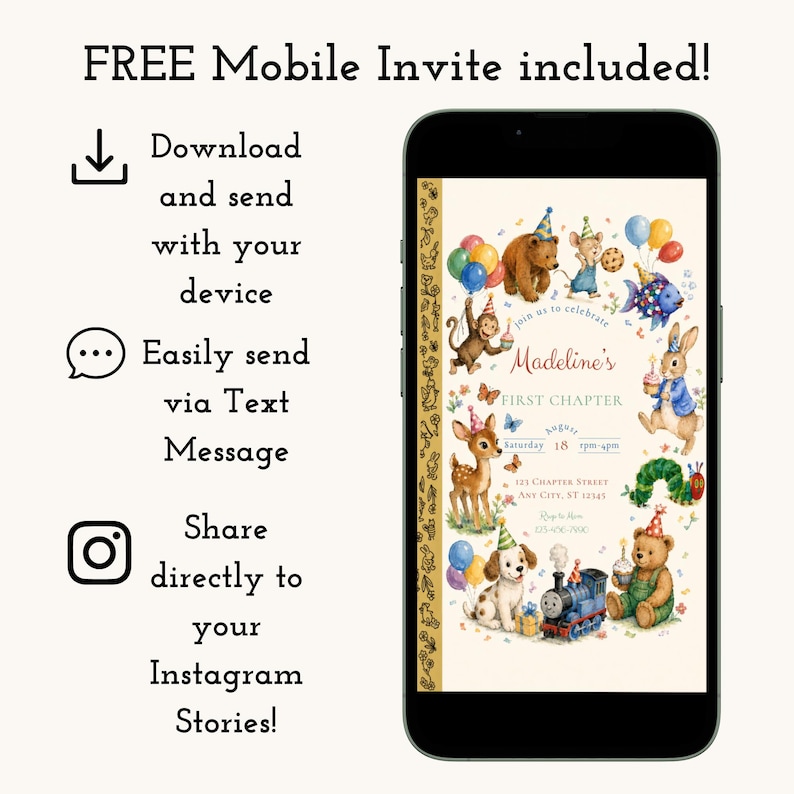 May include: A smartphone displays a colorful invitation with woodland animal illustrations, balloons, and the text "Madeline's First Chapter." The phone is surrounded by text promoting a free mobile invite, download, and sharing options.