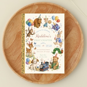 May include: A whimsical invitation with watercolor illustrations of woodland creatures, balloons, and a train. The text reads "Madeline's FIRST CHAPTER" with event details. The invitation is on a wooden tray.