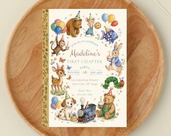 Goldenes Buch Erstes Kapitel Geburtstagseinladung | Kapitel Zwei Bday Invite | Märchenbuch Geburtstag | Digitale Vorlage (editierbar)