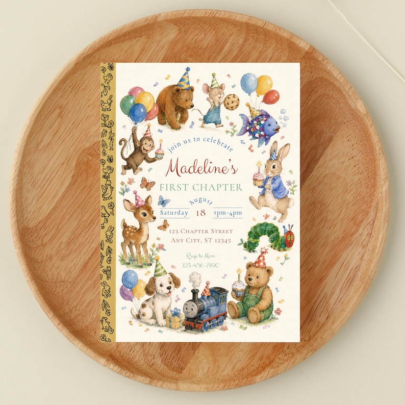 May include: A whimsical invitation with watercolor illustrations of woodland creatures, balloons, and a train. The text reads "Madeline's FIRST CHAPTER" with event details. The invitation is on a wooden tray.