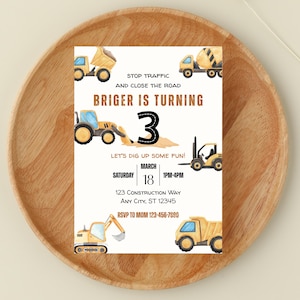 May include: A birthday party invitation featuring construction vehicles like dump trucks and a cement mixer. The invitation reads "Briger is turning 3" with event details: March 18, 1PM-4PM, and a construction-themed address.