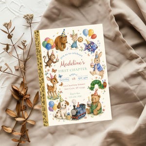 May include: A whimsical invitation with the text "Madeline's FIRST CHAPTER" features watercolor illustrations of animals, balloons, and a train. The invitation is decorated with butterflies and a floral border.