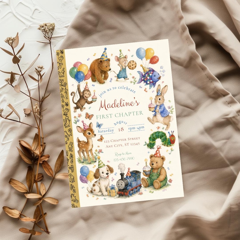 May include: A whimsical invitation with the text "Madeline's FIRST CHAPTER" features watercolor illustrations of animals, balloons, and a train. The invitation is decorated with butterflies and a floral border.