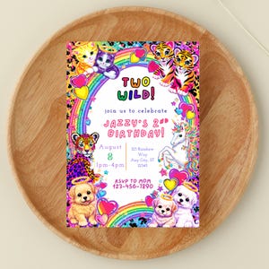 Rainbow Tiger Lisa Inspired 80's/90's/00's 2nd Birthday Invitation | Neon Animal Print Invite | Digital Template (editable) image 1