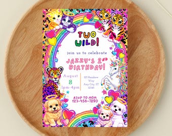 Invitación de segundo cumpleaños inspirada en Lisa, con diseño de tigre arcoíris (años 80/90/2000) / Invitación con estampado animal neón / Plantilla digital (editable)