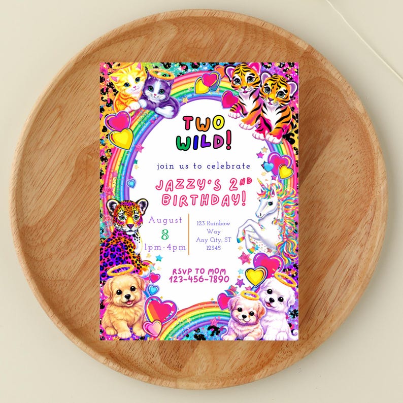 Rainbow Tiger Lisa Inspired 80's/90's/00's 2nd Birthday Invitation | Neon Animal Print Invite | Digital Template (editable) image 1