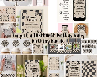 May include: A birthday bundle with a checkered flag theme. Includes invitations, cupcake toppers, food labels, a welcome sign, and a time capsule card. The text reads "I'm just a THREENAGE Dirtbag Baby".