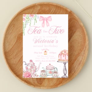Fiesta de té para dos / Fiesta de té para el segundo cumpleaños / Lazo rosa / Plantilla digital (editable)
