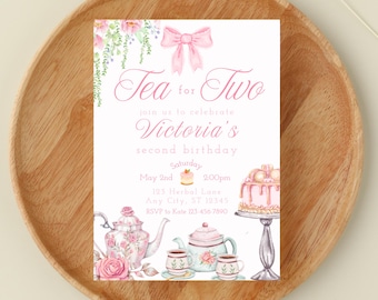 Tea for TWO Birthday Party | Tea Party 2nd Birthday | Pink Bow | Digital Template (editable)