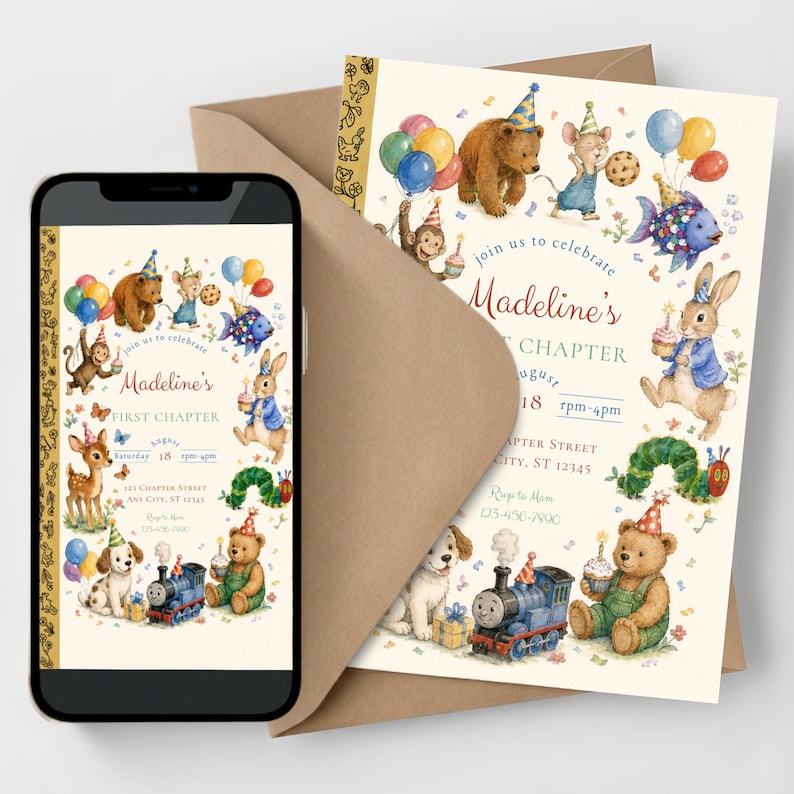 May include: An invitation for a first birthday party, featuring watercolor illustrations of animals, balloons, and a train. The invitation is displayed on a smartphone and in print, with the text "Madeline's First Chapter".