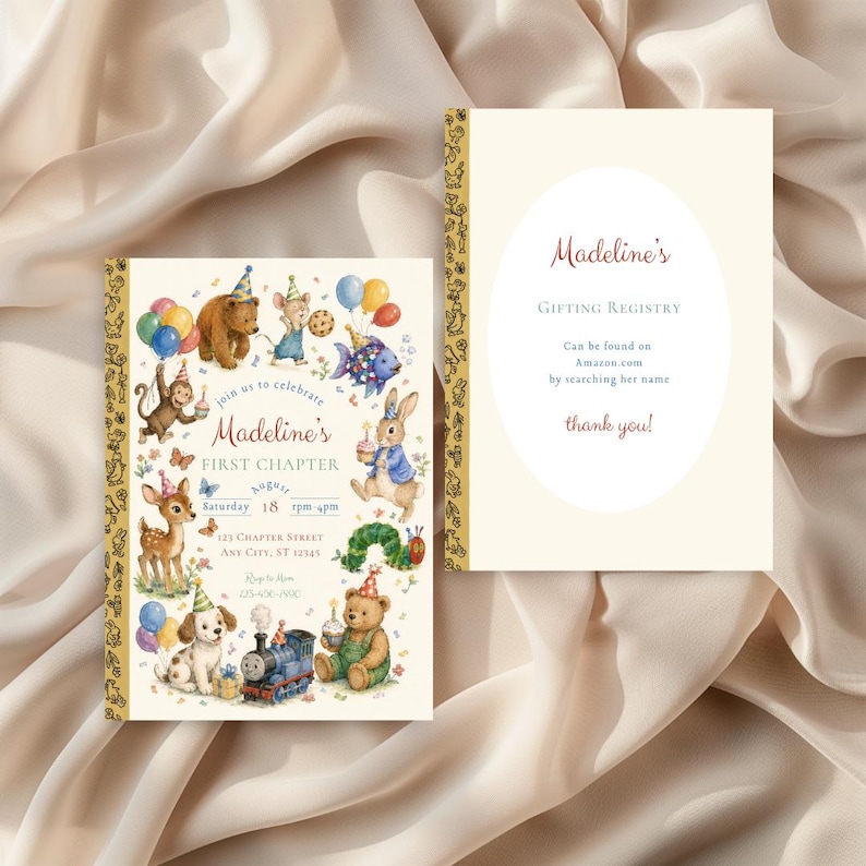 May include: A set of two invitations with a whimsical design. The front invitation features illustrations of animals, balloons, and the text "Madeline's FIRST CHAPTER." The back invitation has the text "Madeline's GIFTING REGISTRY."