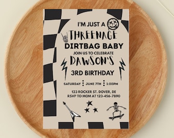 May include: A birthday invitation with a grunge theme. The invitation features the text "I'M JUST A THREENAGE DIRTBAG BABY" and "DAWSON'S 3RD BIRTHDAY". The design includes a checkerboard pattern, lightning bolts, and a skeleton on a skateboard.
