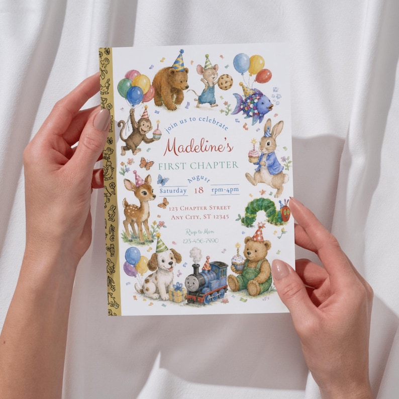 May include: A party invitation with a whimsical design featuring cartoon animals, balloons, and a train. The invitation reads "Madeline's FIRST CHAPTER" with event details. The invitation is held by a person.