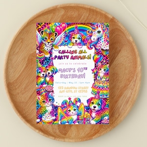 Puede incluir: Una colorida invitación de cumpleaños con animales de dibujos animados, incluyendo un leopardo, perros, gatos y un unicornio. La invitación dice "Calling All Party Animals!" y anuncia el décimo cumpleaños de Macy, con fecha, hora y lugar.