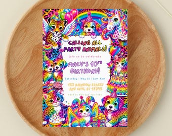Rainbow Tiger 80's/90's/00's Birthday Invitation | Neon Animal Print Invite | Nostalgic Birthday Party | Digital Template (editable)