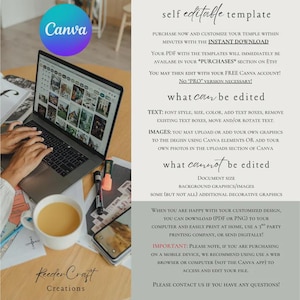 May include: A laptop displaying a Canva design interface sits on a wooden table, next to a cup of coffee and a smartphone. The image includes text about editing templates, with the Canva logo in the upper left corner.