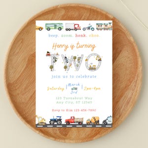 May include: A birthday invitation with a transportation theme. The invitation features illustrations of various vehicles, including a taxi, bus, truck, motorcycle, and train. The text reads "Henry is turning TWO" and includes event details.