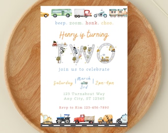 Car and Truck 2nd Birthday Invitation | Train and Motorcycle | Transportation Party | Honk Beep Zoom Choo | Digital Template (editable)