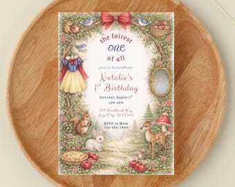 Snow White Fairest ONE of All Birthday Invitation | Woodland Princess 1st Birthday | Digital Template (Editable)