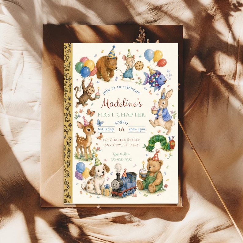 May include: A whimsical invitation for Madeline's first birthday, featuring charming illustrations of animals like a bear, bunny, and deer. The invitation includes the text "join us to celebrate Madeline's FIRST CHAPTER" and event details.