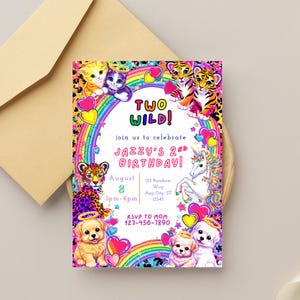 May include: A colorful birthday invitation with the text "TWO WILD!" and "JAZZY'S 2ND BIRTHDAY!". The design includes a rainbow, cartoon animals, hearts, and the date August 8th. The invitation is in a cream-colored envelope.