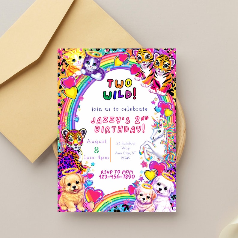 May include: A colorful birthday invitation with the text "TWO WILD!" and "JAZZY'S 2ND BIRTHDAY!". The design includes a rainbow, cartoon animals, hearts, and the date August 8th. The invitation is in a cream-colored envelope.