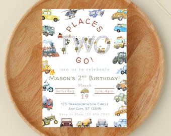 Places TWO Go Car and Truck 2nd Birthday Party | Transportation Train and Motorcycle | Digital Template (editable)