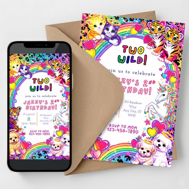 Rainbow Tiger Lisa Inspired 80's/90's/00's 2nd Birthday Invitation | Neon Animal Print Invite | Digital Template (editable) image 6