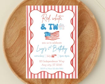 Red White and Two Birthday Invitation | 2nd Birthday | Summer Party | Red White and Blue | Independence Day | Digital Template (editable)