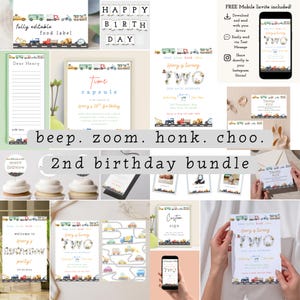 May include: A collection of printable birthday party supplies with a transportation theme. Includes invitations, labels, a banner that says "HAPPY BIRTH DAY", and a "Time Capsule" card. The text "beep. zoom. honk. choo." is also visible.