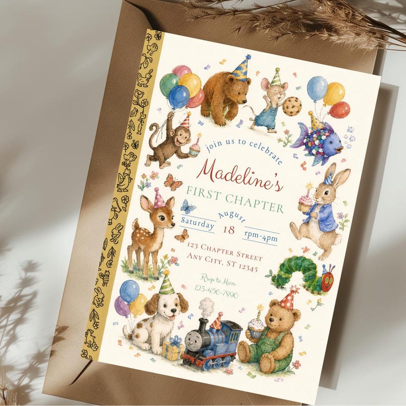 May include: A cream-colored invitation with whimsical illustrations of animals, balloons, and a train. The text reads "Join us to celebrate Madeline's FIRST CHAPTER August Saturday 18 rpm-4pm". The invitation is inside a brown envelope.