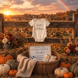 May include: A white baby bodysuit with the text Baby Andersen printed in black, hanging on a clothesline above a wicker basket containing a sign that reads After the storm comes a rainbow arriving December 202X, a sonogram, and knit booties.