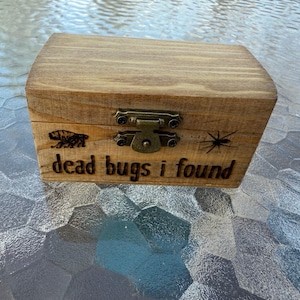 May include: A wooden box with a latch and the text "dead bugs i found" engraved on the front. The box has a brown stain and is decorated with images of a beetle and a spider.