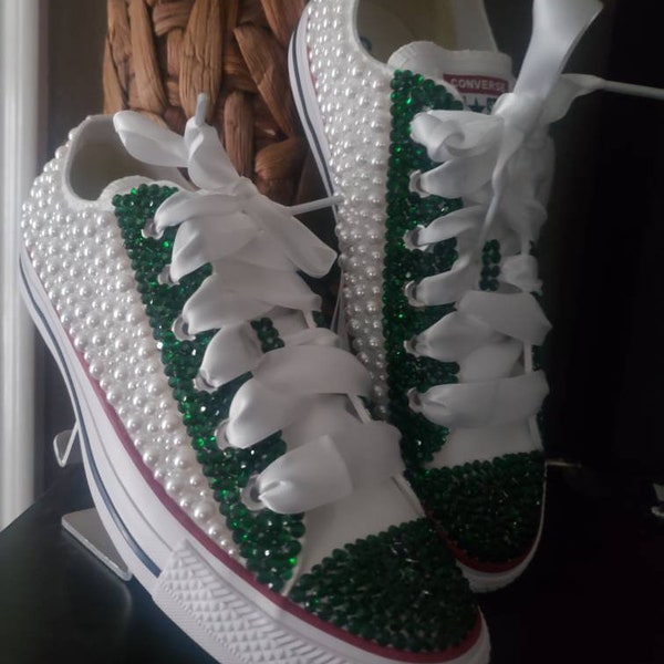 Blinged out green rhinestone and pearl converse