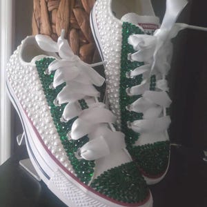 Custom Blinged out green rhinestone and white pearl converse