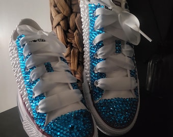 Custom Blinged out blue rhinestone and white pearl converse