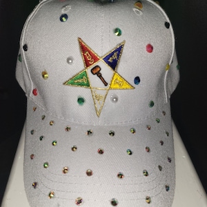 Custom White Eastern star bling cap w/ rhinestones