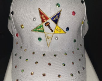 Custom White Eastern star bling cap w/ rhinestones
