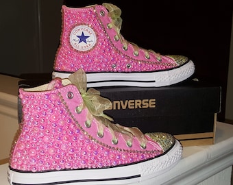 Kids Hi-Top Pink Pearl Bling Converse Sneakers