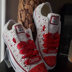 Custom Red and white pearl and rhinestone sweetheart bling Converse